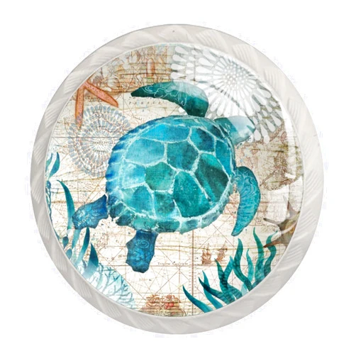 Hainualy Vintage Blue Sea Turtle Nautical Map 4Pack of Kitchen Cabinet Knobs Pulls Round Dresser Drawer Handle Hardware