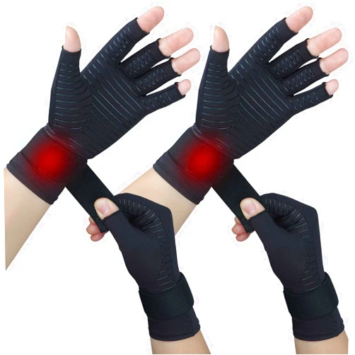 Tianhengyi 2 Pairs Copper Arthritis Gloves for Women Men, Fingerless Compression Gloves Relieve Hand Pain, Typing Gloves for Arthritis, Carpal Tunnel, Tendonitis, RSI with Adjustable Wrist Strap (Large/X-Large)