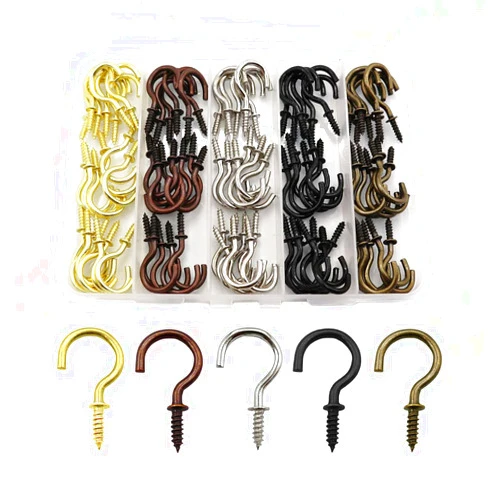 IDEALSV 100 Pcs Cup Hooks 7/8 Inch Screw Ceiling Hooks Christmas Lights Hooks Patio Hanging Hooks Jewelry Hooks 5 Colors Gold,Bronze,Black,Antique Copper,Silver
