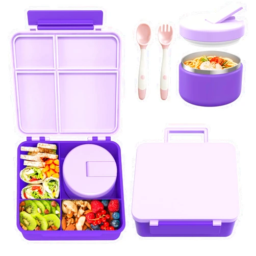 Pawtong Bento Lunch Box with 8oz Soup Thermo, Kids Leakproof Lunch Food Containers with 4 Compartment, Kids Thermo Insulated Hot Food Jar for School, Trvael (Purple)
