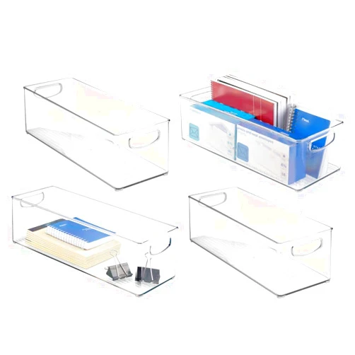 mDesign Plastic Office Supply Organizer - Storage Holder Bin with Handles for Desk Drawer, Cabinet - Pencil, Pen, Envelope and Supplies Container Basket - Ligne Collection - 4 Pack - Clear