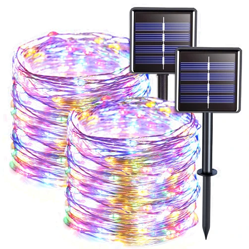 JMEXSUSS 2 Pack Solar Christmas Lights Outdoor Waterproof, Each 33FT 100 LED Multi Colored Solar Fairy Lights, 8 Modes Solar String Lights for Outside Yard Patio Tree Garden Christmas Decorations