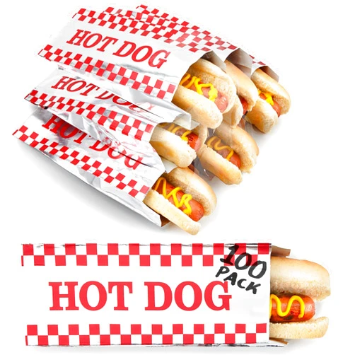 Stock Your Home Hot Dog Wrappers Foil Laminated Paper (100 Pack) Grease Resistant Red Checkered Hot Dog Sleeves Foil, Bulk Hot Dog Bags for Carnival Themed Party, Food Cart, Concession Stand