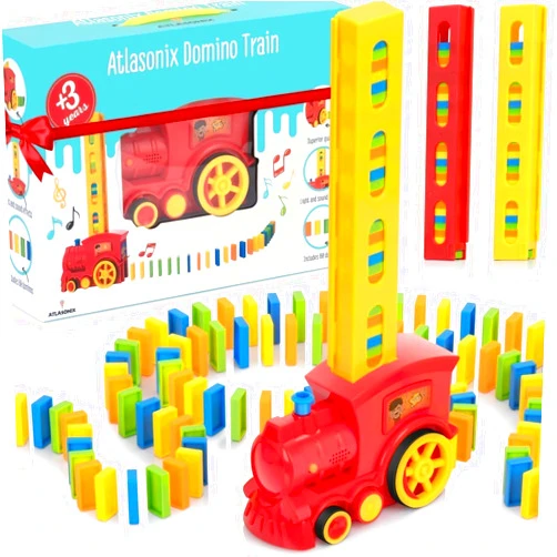Atlasonix Domino Train for Kids - Domino Rally Train Montessori Toys for Boys Girls 3-8 Birthday, Toddler Set for 3-5 Year Olds - Fun Kindergarten Toy - Juegos de Tren y Dominó