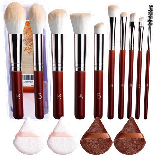 BS-MALL 10 Pcs Travel Makeup Brush Set With Super Soft Triangle Puffs - Professional Foundation Brush & Blush Brush - Multi-purpose Makeup Brushes For Daily Use & Gifts - Portable Makeup Brush Case