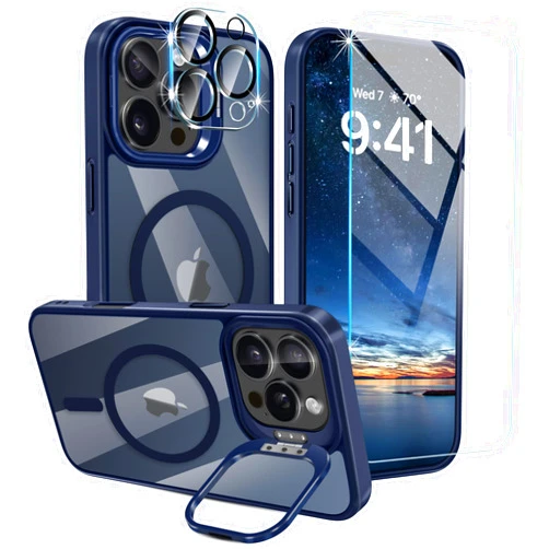 Casewind for iPhone 16 Pro Case, Compatible with MagSafe [Military Drop Protection][Screen Protector+Camera Lens Protector] Built-in Stash Stand, Anti-Scratch Back Cover for iPhone 16 Pro, Blue
