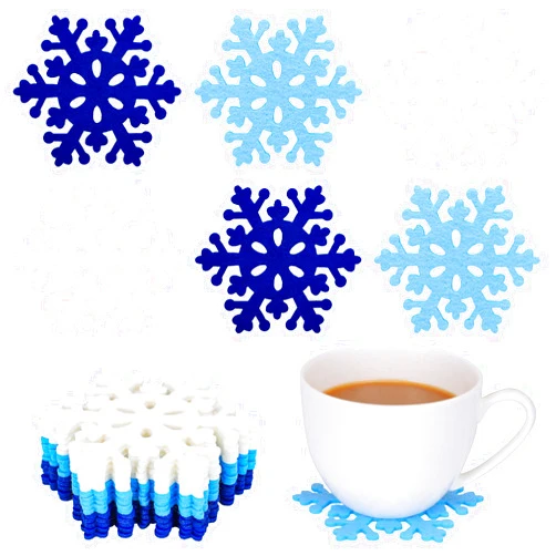 JarThenaAMCS 15Pcs Winter Snowflake Felt Coaster Blue White Snowflake Drink Coaster Christmas Heat Resistant Tea Coffee Cup Mat for Xmas Holiday Decor Supplies