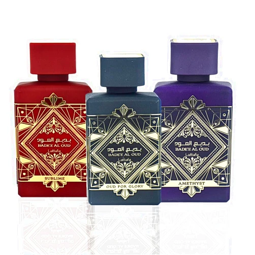 Lattafa Perfumes Bade'e Al Oud for Unisex 3 Piece Eau de Parfum Gift Set (Oud For Glory + Amethyst + Sublime) 3.4 Ounce/100 ml each