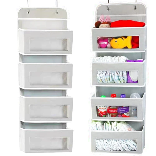 YIYIMIMO Foldable Hanging Organizer with 4 Pockets - Over Door/Wall Mount Storage for Nursery, Closet, Bathroom - Durable Non-Toxic Material, L-Shaped Hooks, Space-Saving
