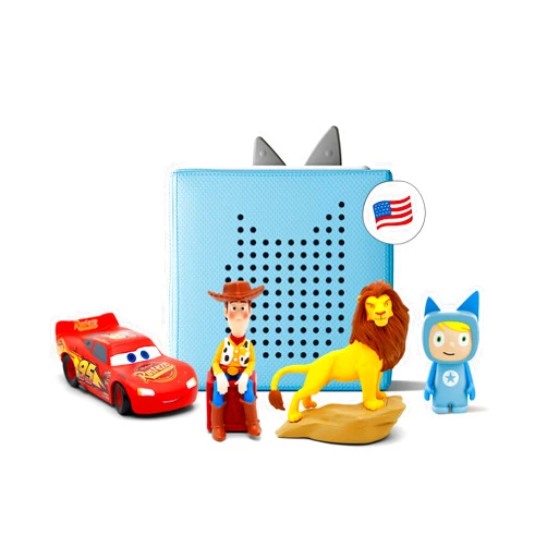 Tonies toniebox Blue Starter Set Bundle - Includes Creative, Woody from Toy Story, Simba from Disney's The Lion King, and Lightning McQueen Form Disney Pixar's Cars tonies - Ages 3 and Up Light Blue