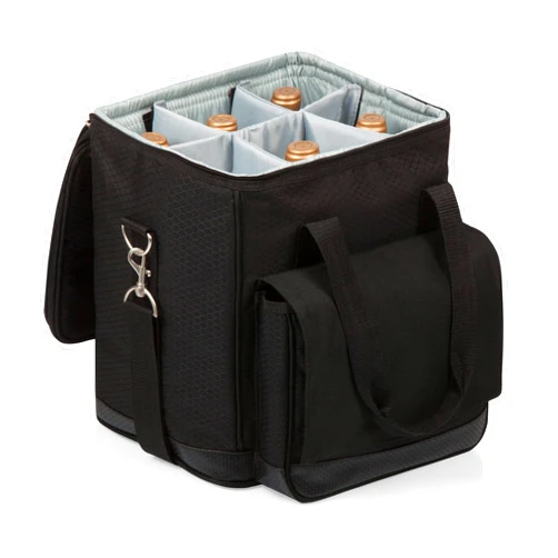 PICNIC TIME Cellar 6-Bottle Wine Carrier & Cooler Tote, Insulated Padded Cooler Bag for Travel, Portable Water-Resistant Bag, Black with Gray Accents