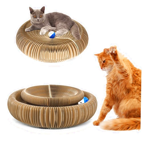 Enkman Foldable Magic Organ Cat Scratching Board, Durable Recyclable Cardboard Cat Scratcher Cat Bed Interactive Scratcher Cat Toy with Toy Ball