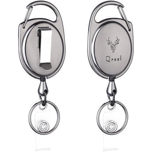 QREEL Heavy Duty Badge Reel, Metal Retractable Keychain, Steel Cord Retractable Badge Holder with Carabiner, Belt Clip and Key Ring (Gun Grey, All Metal Case, 2 Pack)