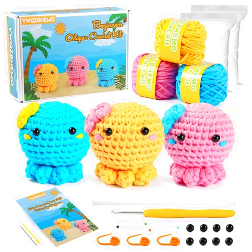 YWQZBHEMO Crochet 3 Colored Octopus Kit for Beginner/Experts, DIY This All in One Crochet Set for Starter, Kids Includes Enough Yarn, Hook, Accessories