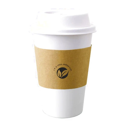 KTOB [50 pack] 16 oz Compostable Coffee Cups with Lids and Kraft Sleeves, Eco Friendly Disposable White Paper Cups Combo for Hot Beverage