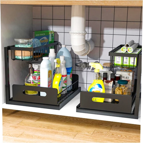 Bukfen Under Sink Organizer, Pull Out Cabinet Organizer 2-Tier Slide Out Sliding Shelf Under Cabinet Storage Multi-Use for Under Kitchen Bathroom Sink Organizers and Storage ，2 Pack
