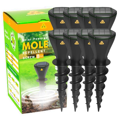 X-PEST Solar Powered Mole Repellent Stakes Outdoor Ultrasonic Snake Groundhog Gopher Vole Chipmunk Repeller Sonic Deterrent Spikes Device for Lawns and Yard Waterproof - No Poison Killer Traps, Black 8 Pack