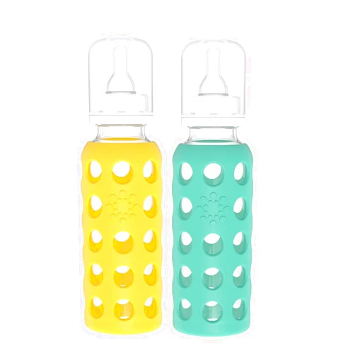 Lifefactory Glass Baby Bottles with Silicone Protection - 2-Pack, 9 oz Bottles, Mango & Kale