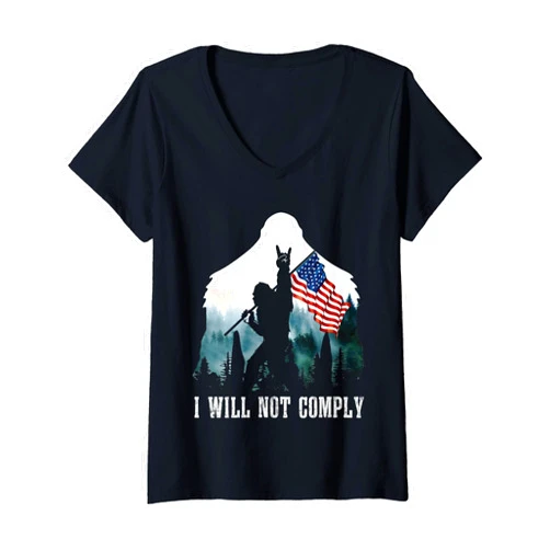 I Will Not Comply Bigfoot American Flag Tee Womens Bigfoot Medical Freedom I Will Not Comply No Mandates V-Neck T-Shirt