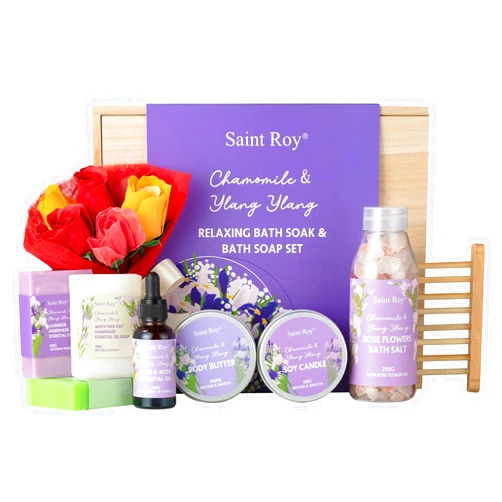 Saint Roy Mother Day Spa Gifts for Women, 9pcs Bath & Shower Sets with Handmade Soaps, Essential Oil, Rose Soap Flowers, Spa Gift Set for Women with Himalayan Salt, Birthday Gifts, Mother's Day Gift