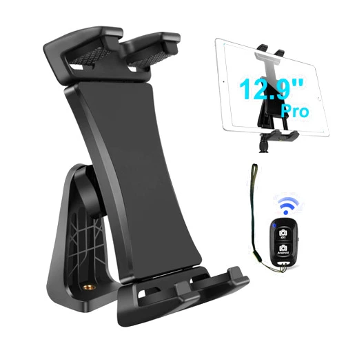 Peastrex IPad Tablet Tripod Mount Adapter 360 Degree Rotatable Universal Clamp Holder with Bluetooth Remote for iPad Pro 12.9 11 10.5, iPad Air Mini, Surface Tab, Galaxy Tab and 3.5 to 13.5in Phone Tablets