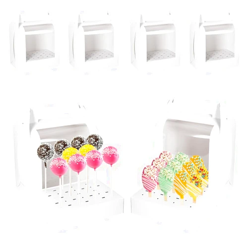 Tifflake Cake Pop Holder Boxes: 4Pcs Portable Cake Packaging Containers with Clear Window | 16&17 Holes Lollipop Display Stand with Cover for Weddings Baby Showers Birthday Parties