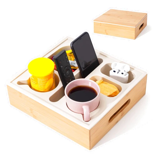 MsJelau Couch Cup Holder with Lid, Silicone Bed Caddy with Cup Holder, Bed Organizer for Drinks, Snacks, Remotes, Bamboo Couch Caddy for Sofa, Bed and Car(Beige)