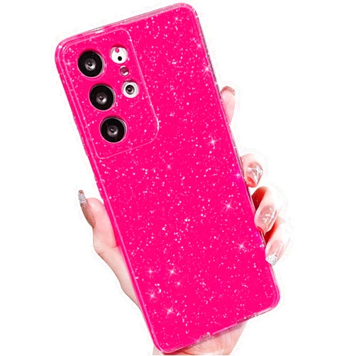 MINSCOSE Compatible with for Samsung Galaxy S21 Ultra Case,Cute Neon Bright Color,Glitter Bling Thin Slim Shockproof Silicone Sparkly Case, Soft TPU Phone Case for Women Girl-Hot Pink