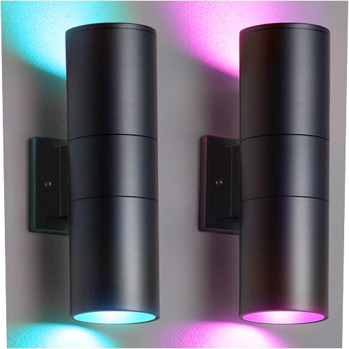 KIZON Smart Porch Light WiFi RGB Outdoor Wall Lights 2 Pack, Dimmable Cylinder Exterior Lighting Fixture App Control with Remote, No Hub Required Outdoor Sconce for Doorway Theater Garage, ETL Listed