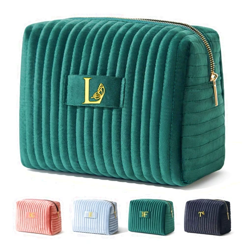 COSHAYSOO Sister Birthday Gifts for Women Best Friend Bestie Friendship Fashion Makeup Bag Make Up Cosmetic Pouch Travel Size Toiletries Skin Care Essentials Organizer Green Velvet Initial Letter L