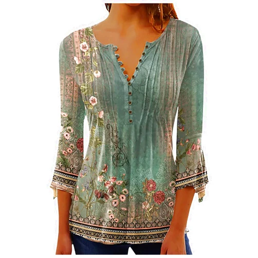 SMIDOW Summer Tops for Women 2024 Trendy Boho Floral Print Tunic Shirts 3/4 Bell Sleeve Button v Neck Tshirt Casual Loose Blouse