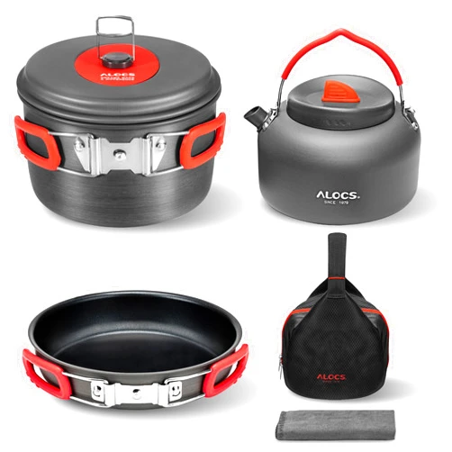 Alocs Camping Cookware, Alumina Camping Cooking Set with Camping Kettle, Lightweight Portable Camping Gear, Non-Stick Camping Pan Included Storage Carry Bag for Outdoor Backpacking Hiking and Picnic