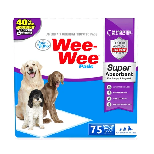 Four Paws Wee-Wee Super Absorbent Pee Pads for Dogs of All Sizes, Leak-Proof Floor Protection Dog & Puppy Quilted Potty Training Pads, Unscented, 24