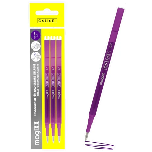ONLINE 3 x Erasable Refills I Compatible with Pilot Frixion, magiXX I Purple 0.7 mm Line Width I Replacement Refill for Gel Pen Erasable I Refills for Gel Rollerball Pen with Erasable Ink