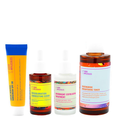 Good Molecules Hyperpigmentation Bundle - Facial Skincare Set with Niacinamide Brightening Toner, Discoloration Correcting Serum, Overnight Exfoliating Treatment, Sheer Mineral Sunscreen SPF 30