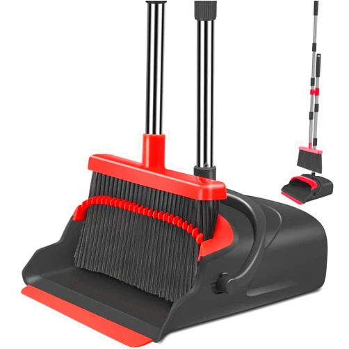 Pugest Broom and Dustpan Set, Long Handle Sweep Combo for Home Office Kitchen Lobby Shop,Upright Dustpan,4 Row of Dense Bristles Sweeper Broom,Indoor&Outdoor Cleaning,Stand Up Broom Dust pan Set,Black&Red