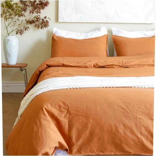 BISELINA French Linen Duvet Cover Set 3pcs with Hidden Zipper Closure Natural Flax Cotton Blend Solid Color Soft Breathable Luxury Farmhouse Bedding -Queen Size, Rust