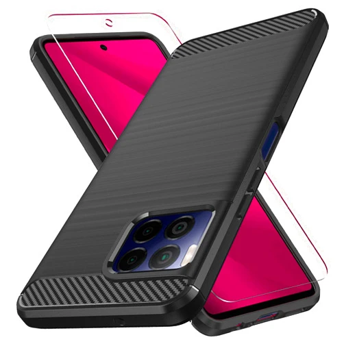 Muokctm for T-Mobile Revvl 7 Pro 5G Case, with Tempered Glass Screen Protector, Slim Soft TPU Protective Rubber Bumper Case Cover for Revvl 7 Pro 5G Phone (Deep Black)