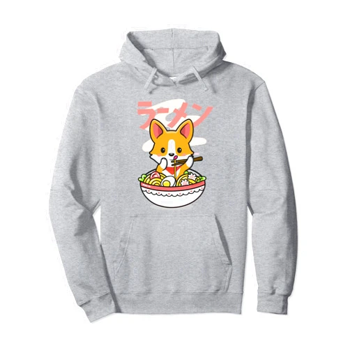 Corgi Eating Ramen, Japanese Kawaii Anime Clothes Kawaii Ramen Bowl Japanese Noodles Cute Anime Dog Corgi Pullover Hoodie