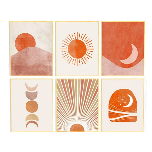 HZSYF Boho Wall Decor Art Prints-Minimalist Mid Century Modern Abstract Line Artwork Bohemian Pictures Sun Moon Posters Canvas Painting Home Living Room Bedroom Bathroom Decorations 8x10inch Unframed