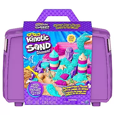 Kinetic Sand, Mermaid Palace Playset, 2.06lbs of Shimmer Play Sand (Neon Purple, Shimmer Teal, and Beach Sand), Reusable Folding Sandbox and Tools, Sensory Toys for Kids Ages 3 and up Mermaid Folding Sandbox