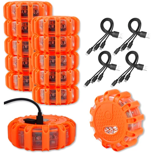 Ecoangel USB Rechargeable LED Road Flares Emergency Lights-Roadside Warning Car Safety Beacon Flashing Disc Flare Kit with Magnetic Base for Vehicles & Boat | 12 Beacon Disc Pack