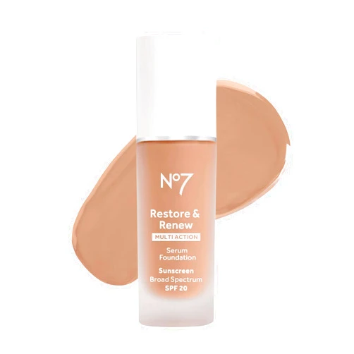No7 Restore & Renew Multi Action Serum Foundation - Warm Beige - Liquid Foundation Makeup with Vitamin C, Vitamin E & Collagen for Face - Beauty Skin Serum Formula with Medium Coverage (30ml)