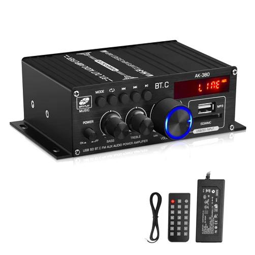 ARRAROWN AK-380 USB SD BT.C FM AUX Audio Power Amplifier 400W+400W 2.0 CH HiFi Stereo AMP Speaker Bluetooth 5.0 Amp Receiver with 12V 5A Power Supply,Remote Control,FM Antenna for Car Home Bar Party