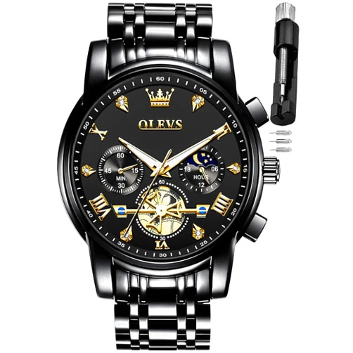 OLEVS Men Skeleton Watches Stainless Steel Analog Quartz Moon Phase Male Watch, Diamond Multi Calendar Chronograph Watch,Waterproof Wrist Watch for Men