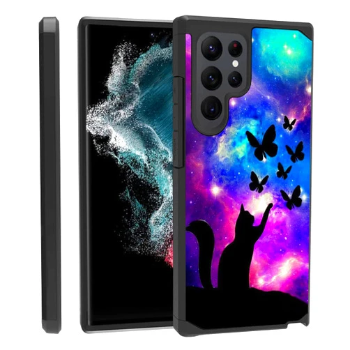 ZOXOHO Galaxy S22 Ultra Case, Heavy Duty 2 in 1 Dual Layer Hybrid Hard PC & Soft Silicone Shockproof Protection Case for Samsung Galaxy S22 Ultra 5G, Galaxy Nebula Cat and Butterfly