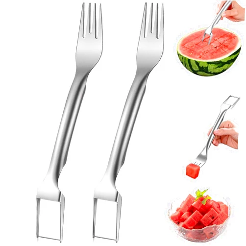 GODTRVA 2-in-1 Stainless Steel Fruit Cutter, 2PCS Watermelon Fork Slicer Cutter Melon Cube Cutter Watermelon Fork Slicer Cutter Slicer Tool Quickly Fruit Forks Slicer for Home Kitchen Gadget