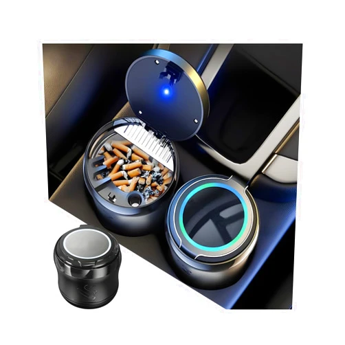Osilly Stainless Steel Car Ashtray with Lid, Mini Smell Proof Windproof Portable Automotive Ash Tray Trash Can with LED Blue Light for Travel Cup Holder Outdoor, Universal for SUV Truck RV（Unmarked）