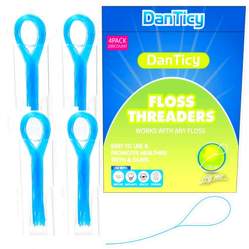 DanTicy Floss Threaders, Deep Clean Dental Floss Threader for Braces, Bridges, and Implants 200PCS(4Pack),Blue