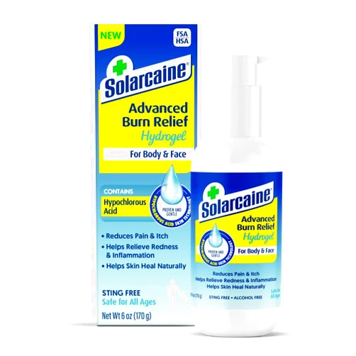 Solarcaine Advanced Cooling Hydrogel with Hypochlorous Acid, 6 oz Gel – Cooling After-Sun & Burn Gel | Soothes Discomfort, Itch & Redness – Sting-Free, Alcohol-Free, For Body & Face